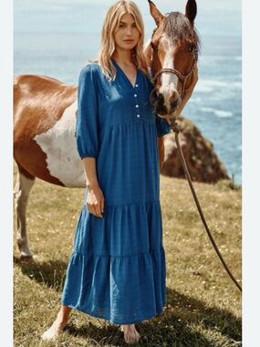 NWT J.Jill Blue Ruffle Neck Tiered Maxi Dress with V-Neck.Size 2X